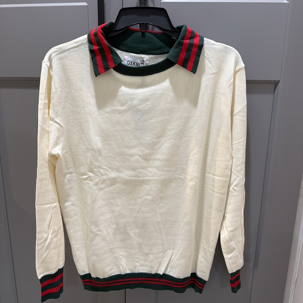OXKnit Sweater Mens XL Cream Green And Red Retro 60s 70s Pullover New